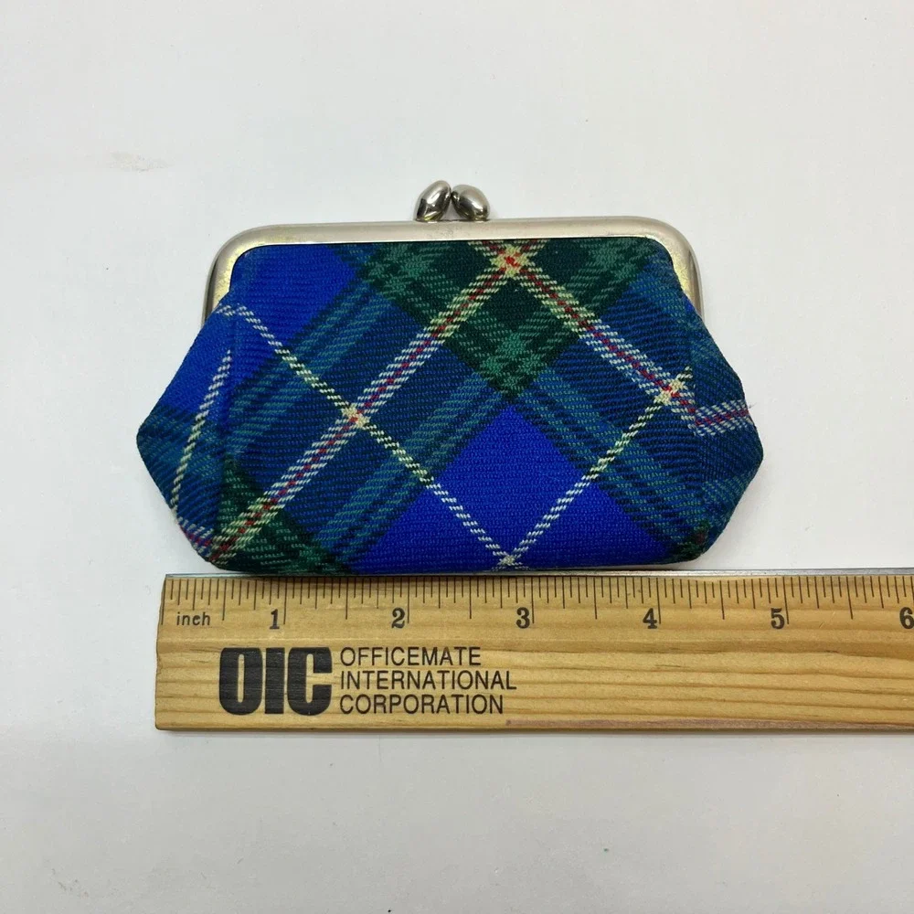 Vintage Blue Green Plaid Tartan Coin Purse Kiss Lock Clasp Small Pouch Wallet‎